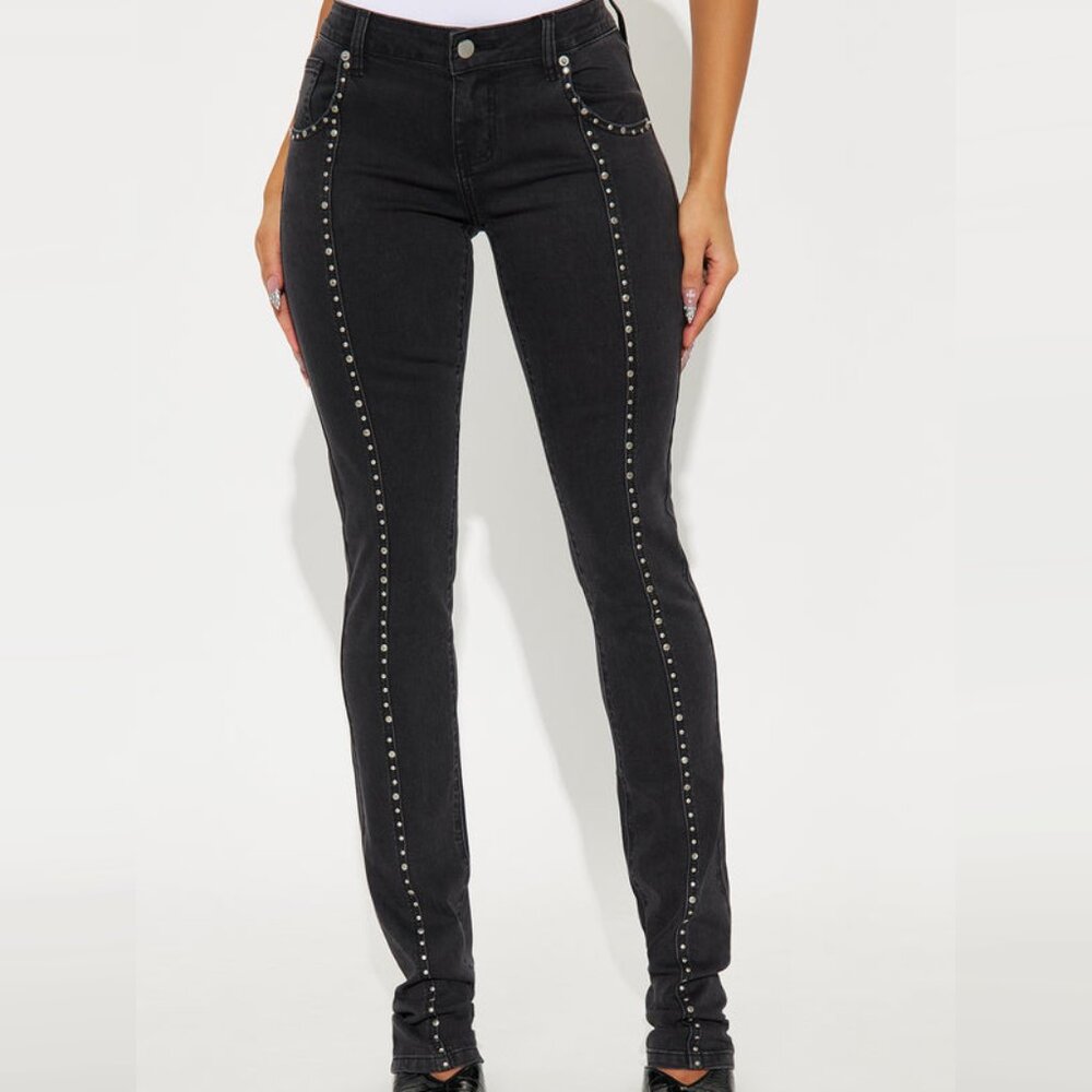 What A Studded Stacked Slim Black Wash Stretch Jeans